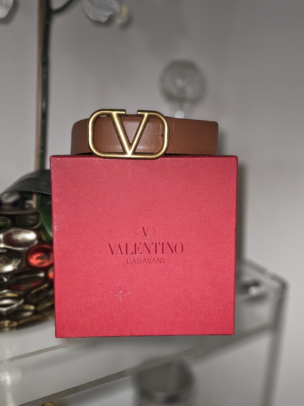 Valentino Garavani Tan Leather Belt with Gold V Logo Buckle